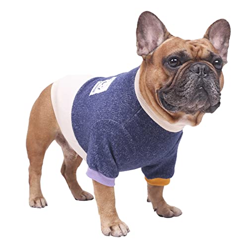 iChoue Haustier-Hundepullover mit Rundhalsausschnitt, Farbblock-Pullover, Winterkleidung, warme Kleidung für englische Bulldogge, Boston Terrie, Marineblau und Beige/Large Plus von ICHOUE