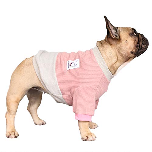 iChoue Haustier-Hundepullover mit Rundhalsausschnitt, Farbblock-Pullover, Winterkleidung, warme Kleidung für englische Bulldogge, Boston Terrie, Rosa und Grau/Groß Plus von ICHOUE