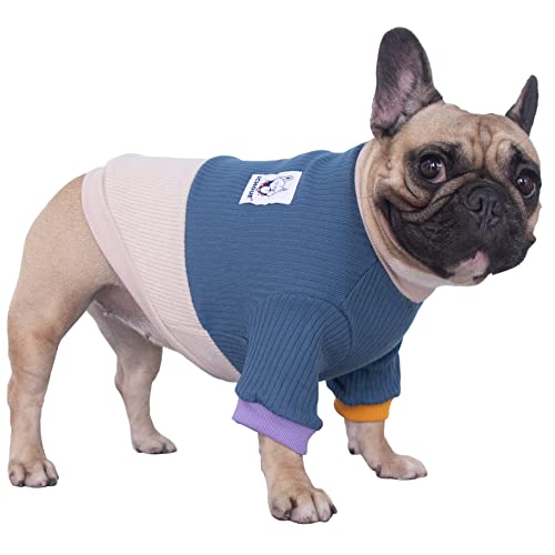 iChoue Haustier-Hundepullover mit Rundhalsausschnitt, Farbblock-Pullover, Winterkleidung, warme Kleidung für englische Bulldogge, Bully, Pitbull – Seeblau und Gelb/XXL von ICHOUE