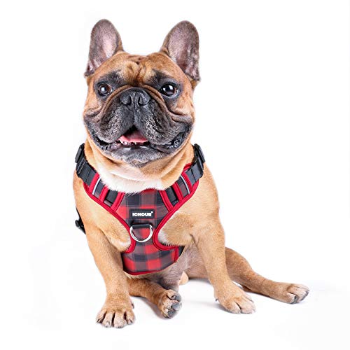 iChoue Hundegeschirr, weich, gepolstert, kein Ziehen, verstellbar, reflektierend, für kleine und mittelgroße Hunde, Rot Gitter L von ICHOUE