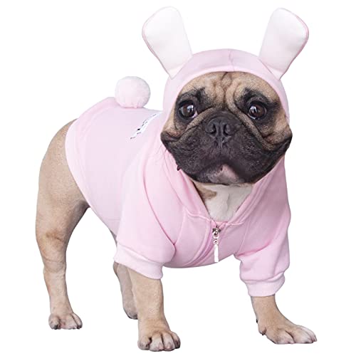 iChoue Hundekostüme mit Kapuze, warm, Winterkleidung für Französische Bulldogge, Mops, Boston Terrier, Pink Bunny / L Plus von ICHOUE