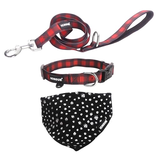 iChoue Original Print Französische Bulldogge Halsband mit Leine Bandana Set verstellbar für Frenchie Mops English Boston Terrier Hunde, rotes Gitter, klein iChoue Original Print Französische Bulldogge Halsband mit Leine Bandana Set verstellbar für Frenchie Mops English Boston Terrier Hunde, rotes Gitter, klein von ICHOUE
