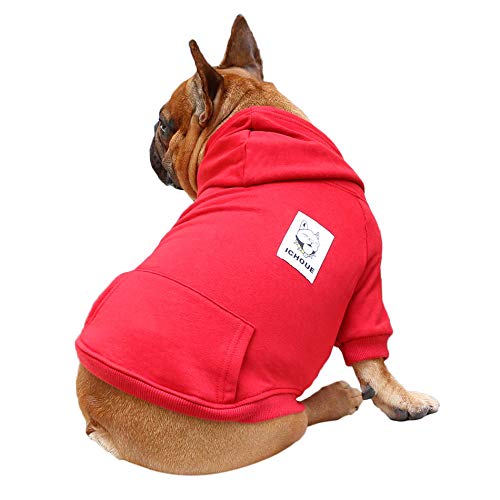 iChoue Pet Clothes Dog Hoodie Hooded Full-Zip Sweatshirt French Bulldog Frenchie Pug Corgi Puppy Cotton Winter Warm Coat Clothing - Dark Red/Size S von ICHOUE