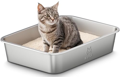 Edelstahl Katzenklo, Katzentoilette mit Hohem Rand, Katzentoilette Edelstahl Offen, Metall Katzenklo für Kleine Katzen & Kaninchen, Antihaftbeschichtet, Geruchsfrei, Leicht zu Reinigen, 32x22x7cm Edelstahl Katzenklo, Katzentoilette mit Hohem Rand, Katzentoilette Edelstahl Offen, Metall Katzenklo für Kleine Katzen & Kaninchen, Antihaftbeschichtet, Geruchsfrei, Leicht zu Reinigen, 32x22x7cm von ICOYEA