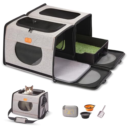 katzenbox transportbox groß, transportbox Katze Reise Transport für Katzen, faltbar Katzen transportboxen, cat Carrier Eine für Katzenklo und weichen Katzenkäfig 2-in-1 Doppel-Haustiertragetasche von ICREATE.X