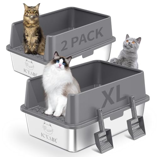 Katzentoilette aus Edelstahl mit hohem Seitendeckel, extra große XL-Katzentoilette für große Katzen, offene Oberseite, Metall-Kitty-Katzentoiletten mit Anti-Auslauf-Gehäuse, antihaftbeschichtet, von ICYAIR