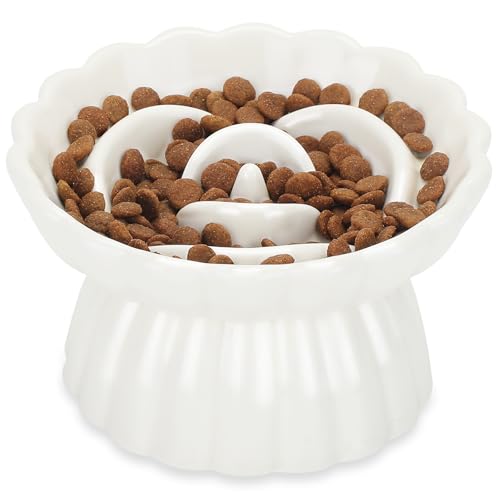 IDOGCHEW Keramik Anti Schling Napf Katze Erhöht, Slow Feeder Nassfutter, sehr gut rutschfest, einfach zu reinigen, Antischlingnapf für Katzen und kleine Hunde, weiß von IDOGCHEW
