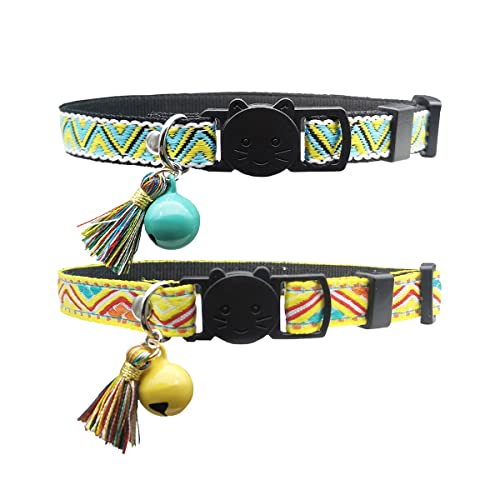 IDOLPET Katzenhalsband-Set mit Breakaway-Katzenhalsband, mit Quaste, Tribal-Aztekenmuster, verstellbar, Sicherheits-Kätzchenhalsband mit Glöckchen (Gelb + Grün), 2 Stück von IDOLPET