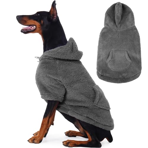 IDOMIK Fuzzy Hundepullover mit verstellbarer Kapuze, warmer Fleece-Hundepullover mit Loch für Geschirr und Tasche, Pullover für große Hunde, flauschiges Kapuzen-Sweatshirt für Herbst und Winter von IDOMIK