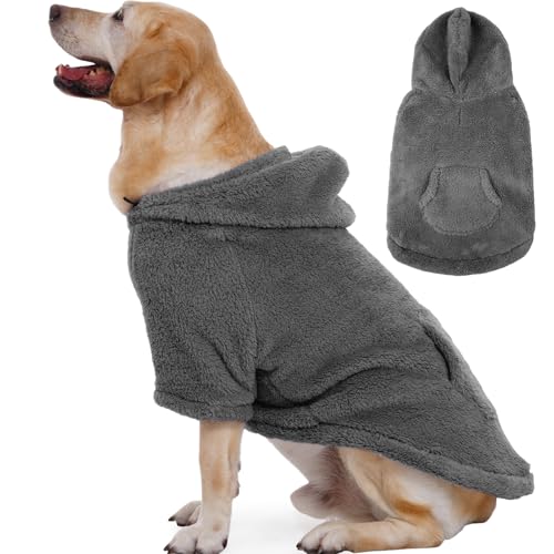 IDOMIK Fuzzy Hundepullover mit verstellbarer Kapuze, warmer Fleece-Hundepullover mit Loch für Geschirr und Tasche, Pullover für große Hunde, flauschiges Kapuzen-Sweatshirt für Herbst und Winter von IDOMIK