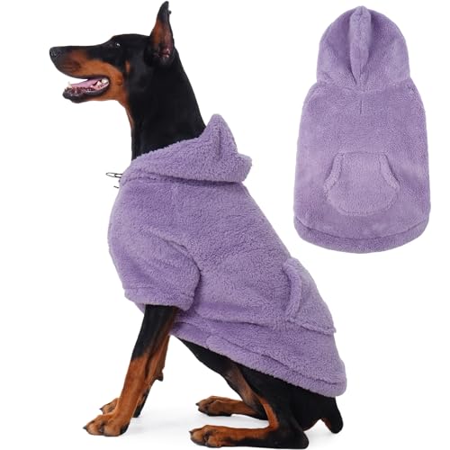 IDOMIK Fuzzy Hundepullover mit verstellbarer Kapuze, warmer Fleece-Hundepullover mit Loch für Geschirr und Tasche, Pullover für große Hunde, flauschiges Kapuzen-Sweatshirt für Herbst und Winter von IDOMIK