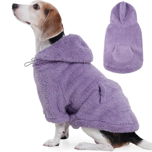IDOMIK Fuzzy Hundepullover mit verstellbarer Kapuze, warmer Fleece-Hundepullover mit Loch für Geschirr und Tasche, Pullover für mittelgroße Hunde, flauschiges Kapuzen-Sweatshirt für Herbst und Winter von IDOMIK