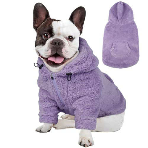 IDOMIK Fuzzy Hundepullover mit verstellbarer Kapuze, warmer Fleece-Hundepullover mit Loch für Geschirr und Tasche, Pullover für mittelgroße Hunde, flauschiges Kapuzen-Sweatshirt für Herbst und Winter von IDOMIK