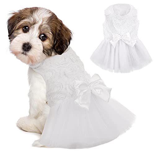 IDOMIK Hochzeitskleid für Hunde, Welpen, Schleife, Prinzessinnenrock, Haustierbraut, reine weiße Spitze, Tutu, formelles Kleid, Blume, Blasen-Rock, Shirts, Geburtstagsparty-Kostüm für kleine Hunde von IDOMIK