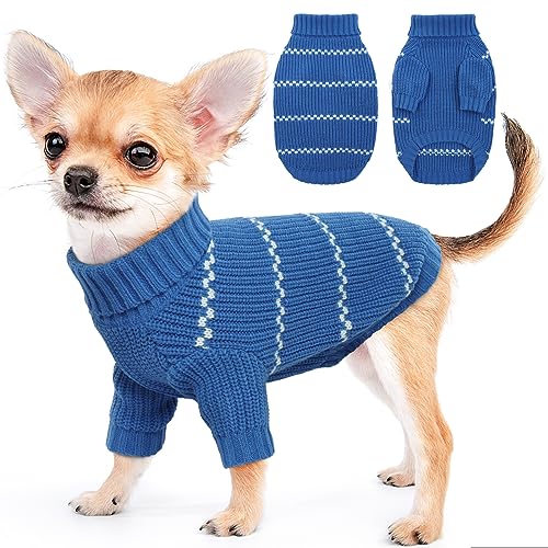 IDOMIK Hundepullover, dicker gestrickter kleiner Hundepullover, klassisch, gestreifter Rollkragenpullover für kleine und mittelgroße Hunde, Katzen, warme Winterkleidung für die kalte Jahreszeit, Blau, von IDOMIK