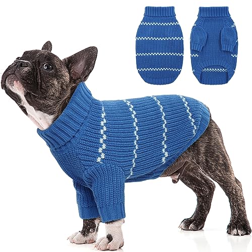 IDOMIK Hundepullover, dicker gestrickter kleiner Hundepullover, klassischer gestreifter Rollkragenpullover für kleine mittelgroße Hunde, Katzen, warme Winterkleidung für kalte Jahreszeit, Blau, L von IDOMIK