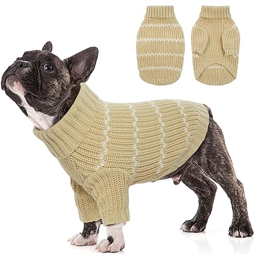 IDOMIK Hundepullover, dicker gestrickter kleiner Hundepullover, klassischer gestreifter Rollkragenpullover für kleine mittelgroße Hunde, Katzen, warme Winterkleidung für kalte Jahreszeit, Khaki, M von IDOMIK