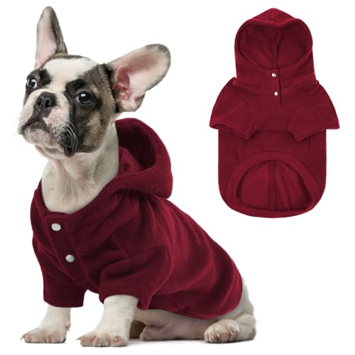 IDOMIK Hundepullover mit Loch für die Leine, warme Hunde-Fleecejacke mit Kapuze, weich, dehnbar, für Herbst und Winter, Haustier-Sweatshirt, Kleidung für Bulldogge, Dackel, Mops, Labrador, Rot, Größe von IDOMIK