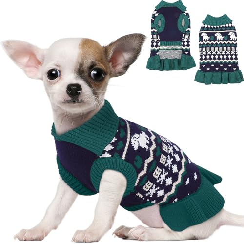 IDOMIK XS Hundepullover, warmer Rollkragenpullover mit Loch für die Leine, Strickpullover für Jungen, Mädchen, Haustiere, Sweatshirt, Kleidung für Herbst und Winter, Weihnachten, Grün, Größe XS von IDOMIK