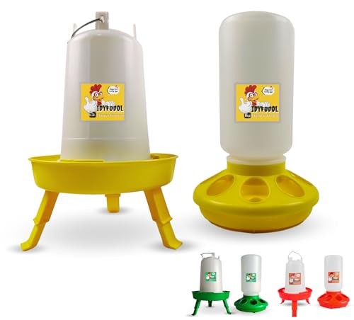 Idyfodol Hühnerfutterstation und Bewässerungs-Set mit verstellbaren Beinen, regenfest, 1 kg Küken-Futterstation und 1,5 l Kükentränke, Gelb und Draht von IDYFODOL