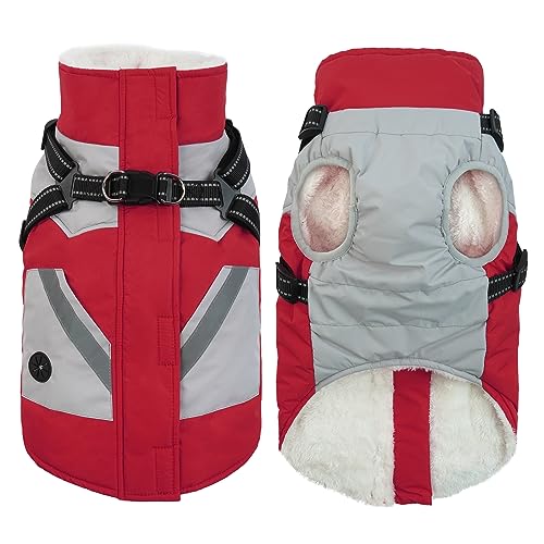 IECOii Dicker Fleece-gefütterter Hundemantel mit integriertem Geschirr, mit Reißverschluss, Winterjacke, Hunde-Schneeanzug, wasserdicht, winddicht, warm, 2-in-1, Welpen, kaltes Wetter, Kleidung für von IECOii