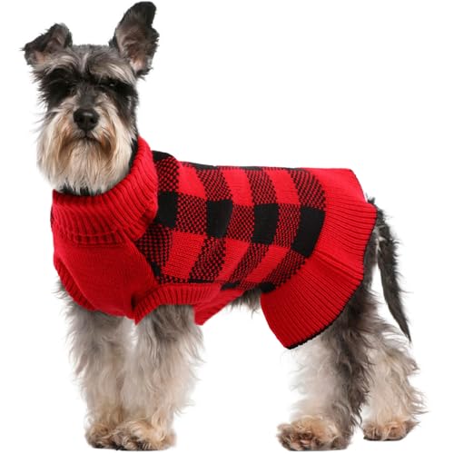 IECOii Hundepullover, gestrickt, für Welpen, kleine und mittelgroße Hunde, Mädchen, warmer Hundepullover, Kleid, Rollkragen, Weihnachten, kariert, kleine Hunde, Herbst, Winter, Hundekleidung für von IECOii