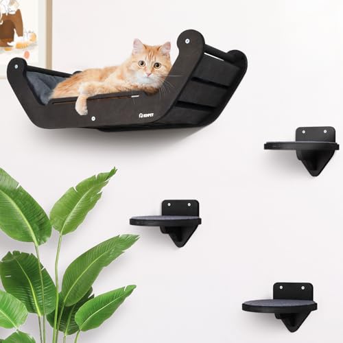 IEDPET Kletterwand Katzen inkl. 3X Katzentreppe Wand and Katzenbett zum Klettern | Kratzbaum Wand | Hängematte Katze | Katzen Wand Elemente | Wandkratzbaum | Katzenmöbel (4-teilig) von IEDPET