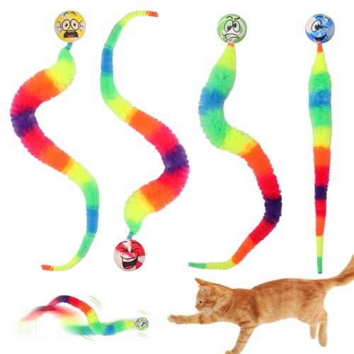 IETWATE 4 Stück Funny Wackel Katzenspielzeug Ball, Interaktives Katzenspielzeug Selbstbeschäftigung, Regenbogen Wurm Katzenball, Hüpf Katzen Ball mit Raupenschwanz, für Alle Altersgruppen von IETWATE