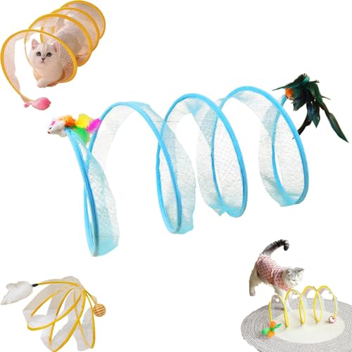 Spiralförmiger Katzentunnel, interaktives Spielzeug, faltbar, bequem, Katzentunnel, Spielzeug für den Innenbereich, Katzentunnel mit Spielzeug, Feder, Ratte, Stressreduzierung, interaktives Katzenfede von IFFANY