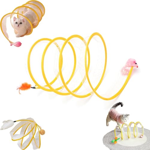 Spiralförmiger Katzentunnel, interaktives Spielzeug, faltbar, bequem, Katzentunnel, Spielzeug für den Innenbereich, Katzentunnel mit Spielzeug, Feder, Ratte, Stressreduzierung, interaktives Katzenfede von IFFANY