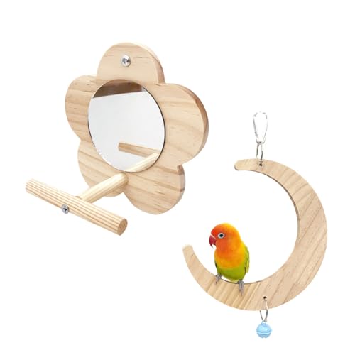 Papageienspielzeug Graupapagei Holz Mond Schaukeln Vogelkäfig Barsche Spiegel Papagei Vogelspiegel, Sitzstangen Vogelständer mit Spiegel von IFUDE