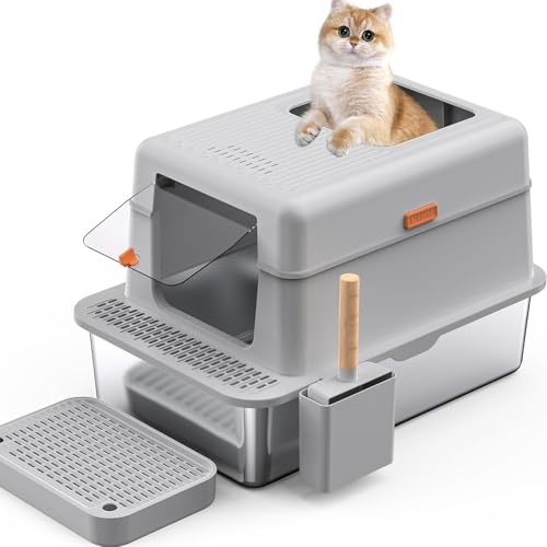 IHAYNER Katzenklo Edelstahl mit Abnehmbarem Deckel 60x40x39cm 36L Katzentoilette Edelstahl Katzentoilette Hoher Rand Katzenklo Geschlossen Groß Katzenklo Metall mit Pedal, Schaufel (Hellgrau) von IHAYNER