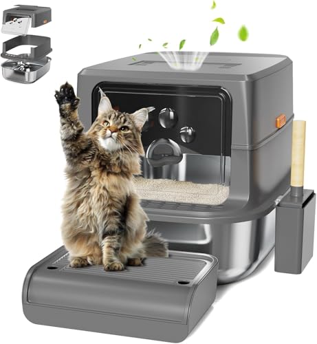 IHAYNER Katzenklo Edelstahl XXL 60x40x39cm 47L Groß Katzentoilette Edelstahl Wanne mit Deckel Metall Katzenklo Geschlossen mit Pedals, Schaufel von IHAYNER