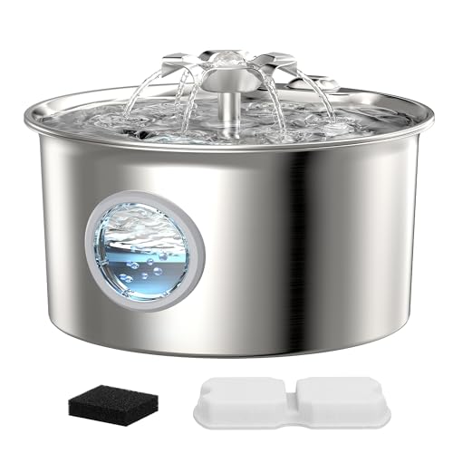 Katzenbrunnen Edelstahl Trinkbrunnen für Katze: Katzentrinkbrunnen - 2.6L Katzenbrunnen für Katzen - Wasserspender Katzen - Wasserbrunnen für Hunde mit Wasserstandsfenster - Blumen Wasserfall Design von IHOUONE