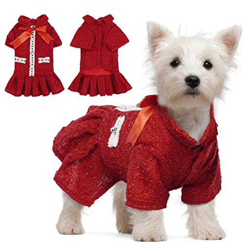 Hunde-Katzenkleid, Mädchen, klassischer Tweed-Mantel, elegante formelle Bekleidung, niedlicher Haustier-Welpenrock mit Schleife, Geburtstagsparty-Kostüme (rot, XL) von IKIPUKO