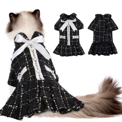 Hunde-Katzenkleid, Mädchen, klassischer Tweed-Mantel, elegante formelle Bekleidung, niedlicher Haustier-Welpenrock mit Schleife, Geburtstagsparty-Kostüme (schwarz, S) von IKIPUKO