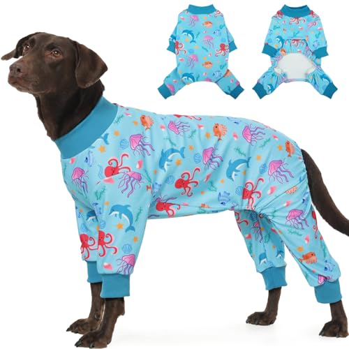 Hunde-Pyjama für Meidum und große Hunde, Einteiler mit vier Beinen, Schlaf, für den Innenbereich, reduziert Haarausfall, Haustierkleidung, dehnbarer, weicher Hunde-Overall für Hunde mit empfindlicher von IKIPUKO