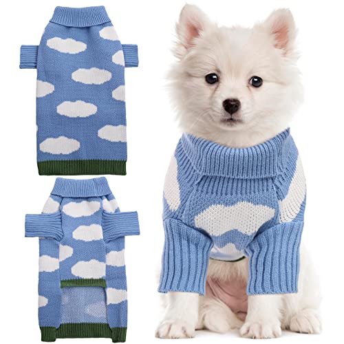 Hundepullover, warme Kleidung Katze Kätzchen Strickpullover, süße Hunde-T-Shirts 2-beinige Weste mit blauem Himmel und weißem Wolkenmuster für kleine mittelgroße Hunde (L) von IKIPUKO