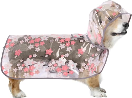 IKIPUKO Hunde-Regenjacke, transparentes Blumenmuster, Regenmantel für Hunde, kleine Hunde, Regenmantel mit Kapuze, wasserdichter Hunde-Regenmantel, mittelgroße Hunde (Rosa, L) von IKIPUKO