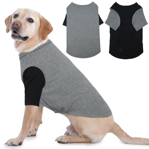 IKIPUKO Hunde-T-Shirts für große Hunde, atmungsaktiv, leicht, Baumwolle, schützt vor Haarausfall, Husky, Labrador, Sommer, heißen Schlaftag, Spaziergang, Meer, Park, Grau, Schwarz, 2 Stück von IKIPUKO
