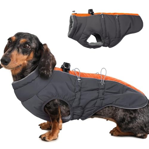 IKIPUKO Hunde-Winterjacke, warm, mit Reißverschluss, reflektierend, wasserabweisend, für Schnee, Orange-Grau von IKIPUKO