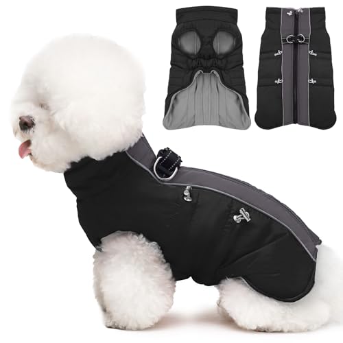 IKIPUKO Kleiner Hundemantel, Winterjacke, warm, mit Reißverschluss, Schneeanzug, Hundegeschirr, Weste, reflektierend, wasserabweisend, Hunde-Schnee-Jacke für kleine Hunde, Yorkie, Pudel, Schwarz von IKIPUKO