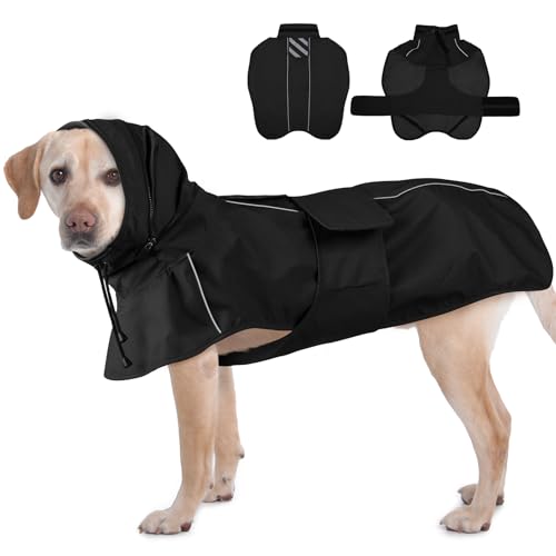 Regenmantel für Hunde, wasserdicht, reflektierend, verstellbar, mit Loch für die Leine, wandelbare Kapuze/Kragen, Regenmantel für Hunde, Poncho, atmungsaktiv, leicht, Schwarz, Größe XL Regenmantel für Hunde, wasserdicht, reflektierend, verstellbar, mit Loch für die Leine, wandelbare Kapuze/Kragen, Regenmantel für Hunde, Poncho, atmungsaktiv, leicht, Schwarz, Größe XL von IKIPUKO