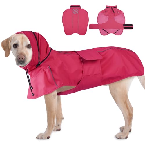 Regenmantel für Hunde, wasserdicht, reflektierend, verstellbar, mit Loch für die Leine, wandelbare Kapuze/Kragen, Regenmantel für Hunde, Poncho, atmungsaktiv, leicht (Neonrosa, XL) von IKIPUKO