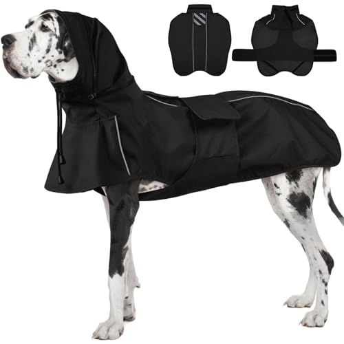 Wasserdichter winddichter Hunde-Regenmantel mit vollständiger Abdeckung, reflektierend, verstellbare Kapuzenjacke, leicht anzuziehen, leichter Hunde-Regenmantel für große Hunde, Poncho, atmungsaktiv von IKIPUKO
