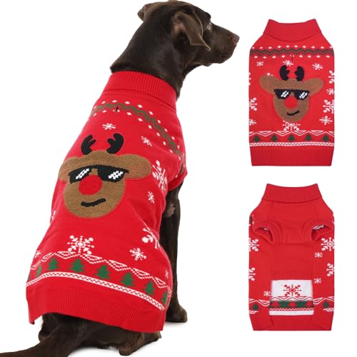 Weihnachtspullover für mittelgroße und große Hunde, Winter-Hundekleidung für kaltes Wetter, Rentier-Urlaub, Festival, Haustier-Outfit, Rot von IKIPUKO