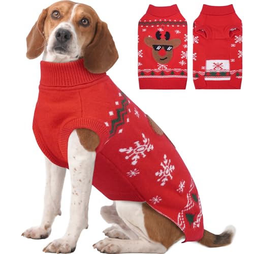 Weihnachtspullover für mittelgroße und große Hunde, Winter-Hundekleidung für kaltes Wetter, Rentier-Urlaub, Festival, Haustier-Outfit, Rot von IKIPUKO