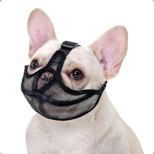 ILEPARK Französische Bulldogge Maulkorb, Won't Cover Stirn Hund Maulkorb für Kurze Schnauze Hund, einstellbare Atmung Mesh, Anti Biting Kauen Bellen(M,Schwarz) von ILEPARK