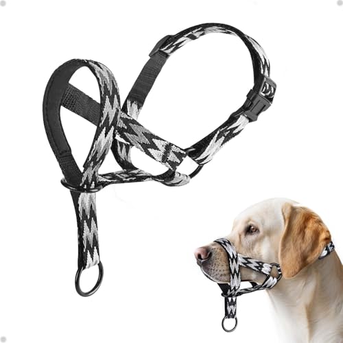 Hundehalfter mit Buchstabenmuster, Hundehalsband mit Weichem Nylon, Bequeme Passform für Kleine, Mittlere und Große Hunde, Verstellbar, Verhindert das Ziehen(S, Wstil Schwarz) von ILEPARK