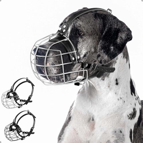 Hundemaulkorb aus Metall mit Lederriemen, Pitbull, Deutsche Dogge, Rottweiler, Sicherer Drahtkorb, Atmungsaktiv, Verstellbare Passform für Große Hunde (Silber) von ILEPARK